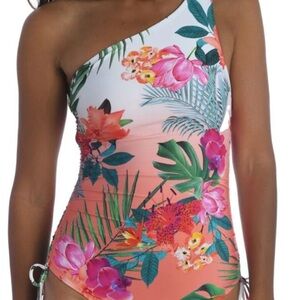 LA BLANCA WOMEN'S CORAL TROPICAL PRINT ONE SHOULDER ONE PIECE SWIMSUIT.